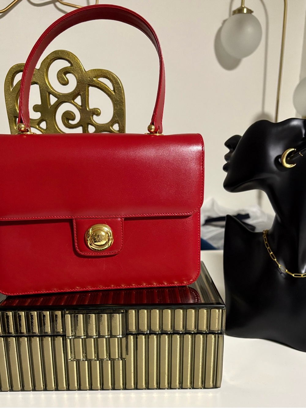 Chloe Red Leather Top-Handle Satchel with Gold Emblem